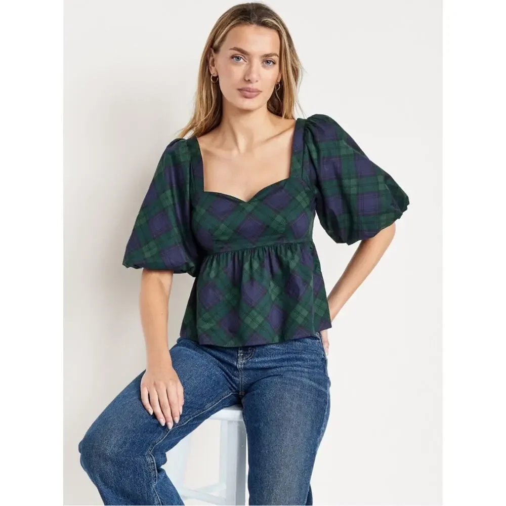 Old Navy green plaid Puff-Sleeve Plaid Poplin Peplum Top